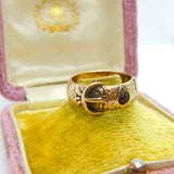 Victorian 9ct Yellow Gold & Garnet Set Buckle Ring Antique c1890