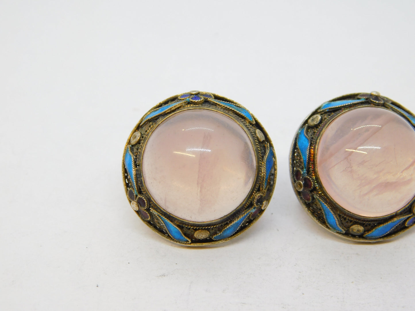 Chinese Sterling Silver Gilt, Enamel & Rose Quartz Screw-Back Earrings Antique c1940