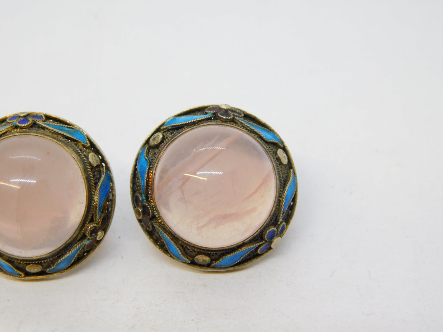 Chinese Sterling Silver Gilt, Enamel & Rose Quartz Screw-Back Earrings Antique c1940