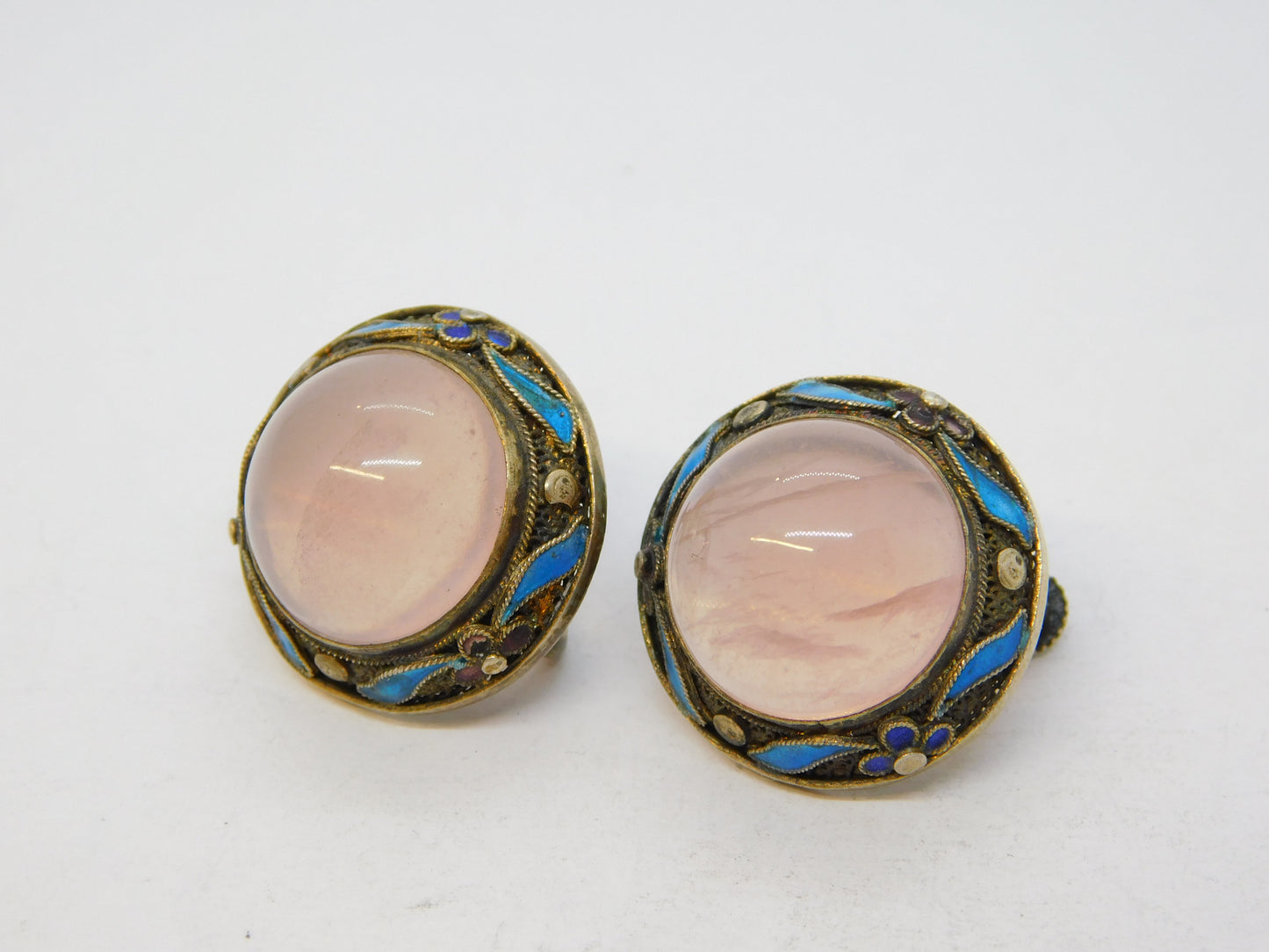 Chinese Sterling Silver Gilt, Enamel & Rose Quartz Screw-Back Earrings Antique c1940