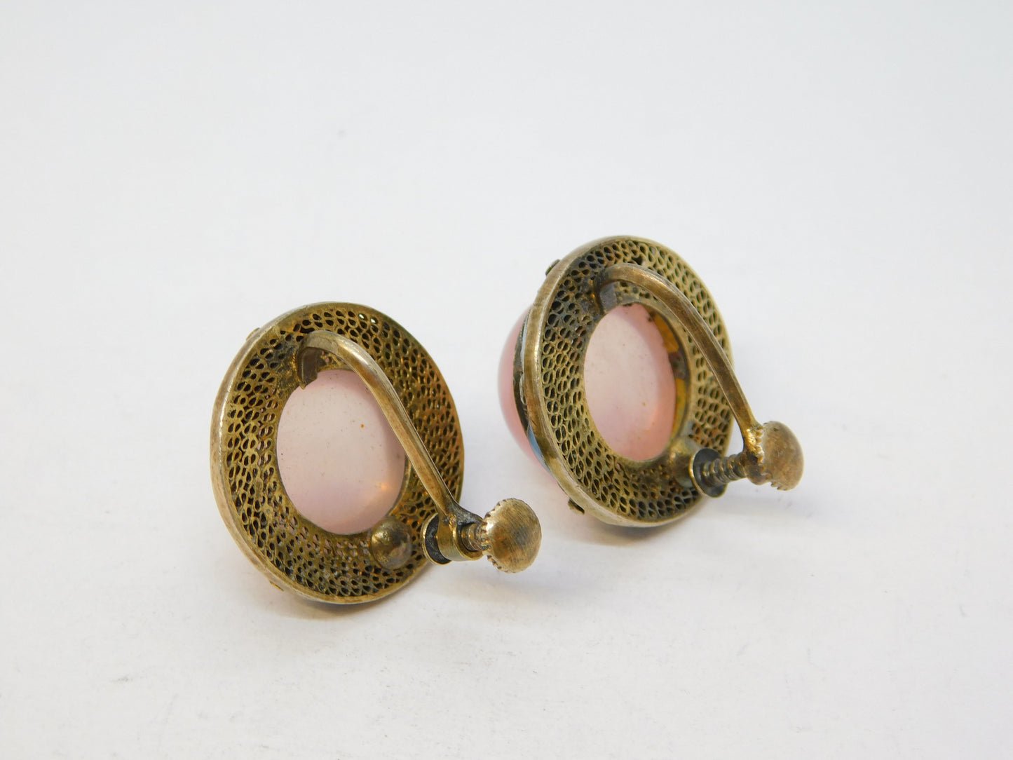 Chinese Sterling Silver Gilt, Enamel & Rose Quartz Screw-Back Earrings Antique c1940