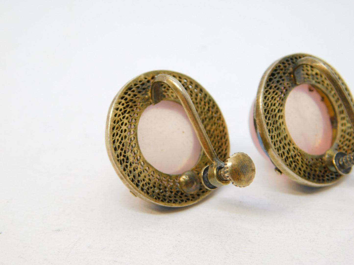 Chinese Sterling Silver Gilt, Enamel & Rose Quartz Screw-Back Earrings Antique c1940