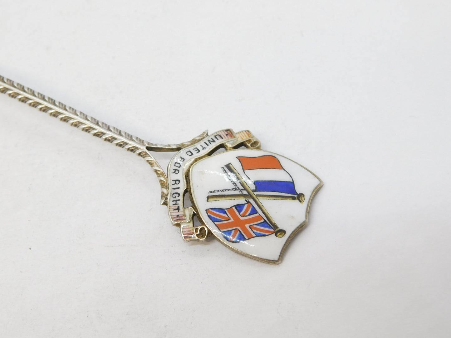WW1 Sterling Silver Enamel 'United for Right' Allied Teaspoon Antique 1914