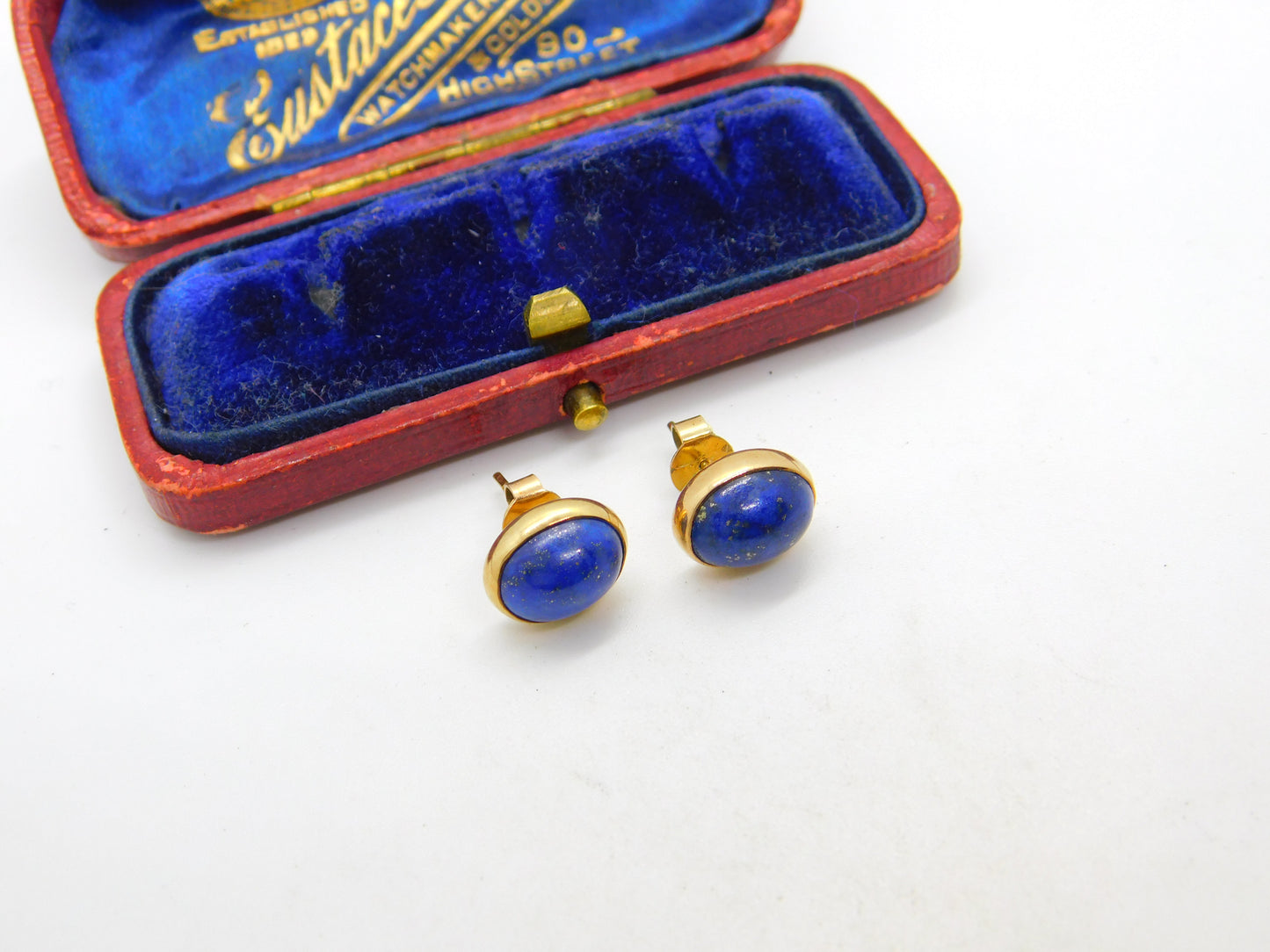 9ct Yellow Gold & Cabochon Lapis Lazuli Set Stud Earrings Vintage c1970