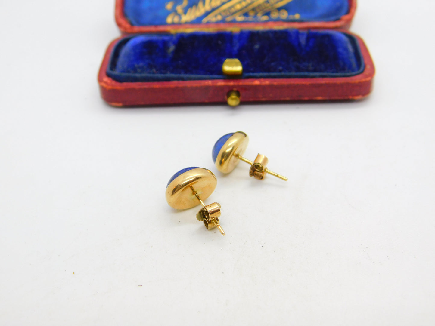 9ct Yellow Gold & Cabochon Lapis Lazuli Set Stud Earrings Vintage c1970