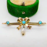 Victorian 9ct Gold, Turquoise & Pearl Sweetheart Bow Brooch Antique c1890