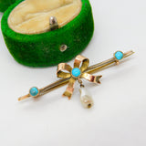 Victorian 9ct Gold, Turquoise & Pearl Sweetheart Bow Brooch Antique c1890