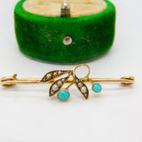 Victorian 9ct Yellow Gold, Seed Pearl & Turquoise Floral Sweetheart Brooch c1890