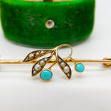 Victorian 9ct Yellow Gold, Seed Pearl & Turquoise Floral Sweetheart Brooch c1890