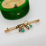Victorian 9ct Yellow Gold, Seed Pearl & Turquoise Floral Sweetheart Brooch c1890