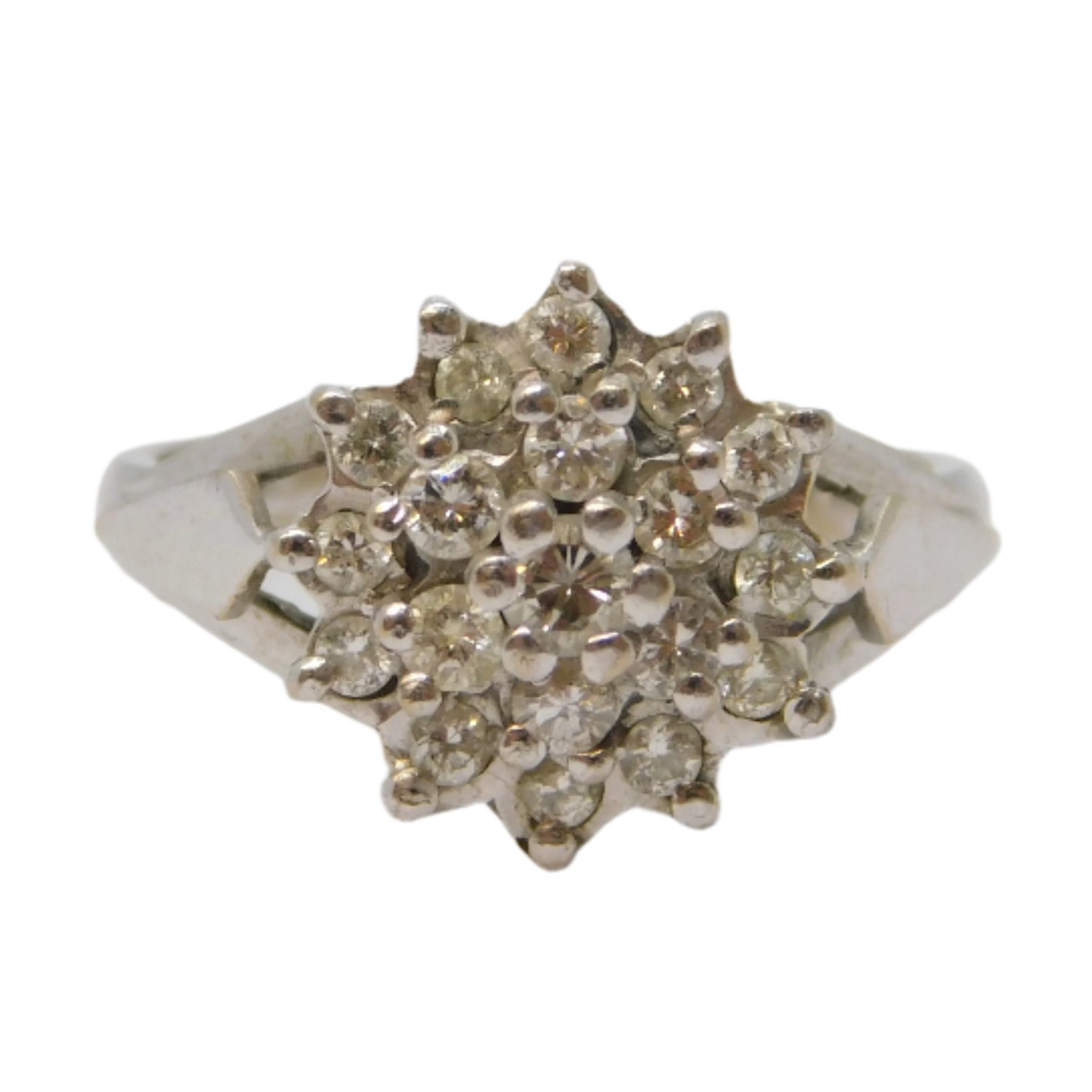 18ct White Gold 18-Stone Diamond Floral Cluster Ring Vintage 1975 London