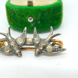 19th Century .935 Silver, Rolled Gold & Paste Swallow Sweetheart Brooch Antique c1880