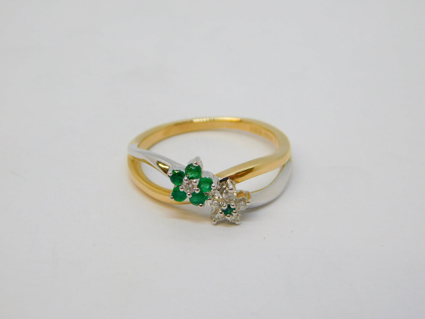 14ct Two-Tone Gold, Emerald & Diamond Floral Crossover Ring Vintage c1990