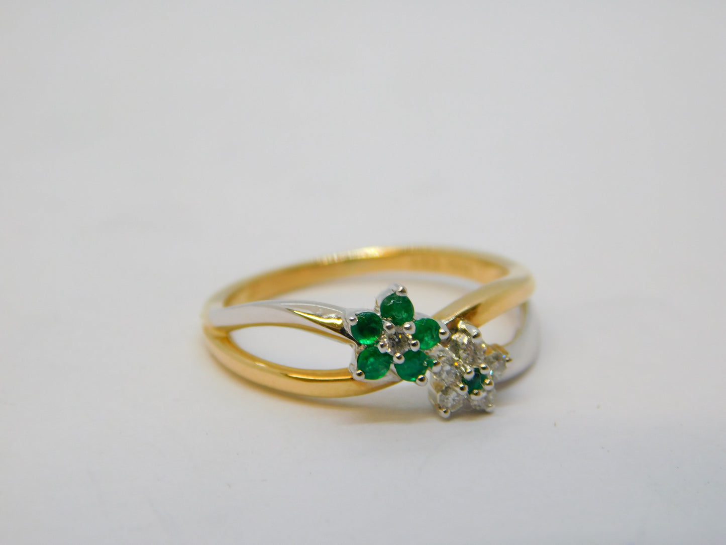 14ct Two-Tone Gold, Emerald & Diamond Floral Crossover Ring Vintage c1990