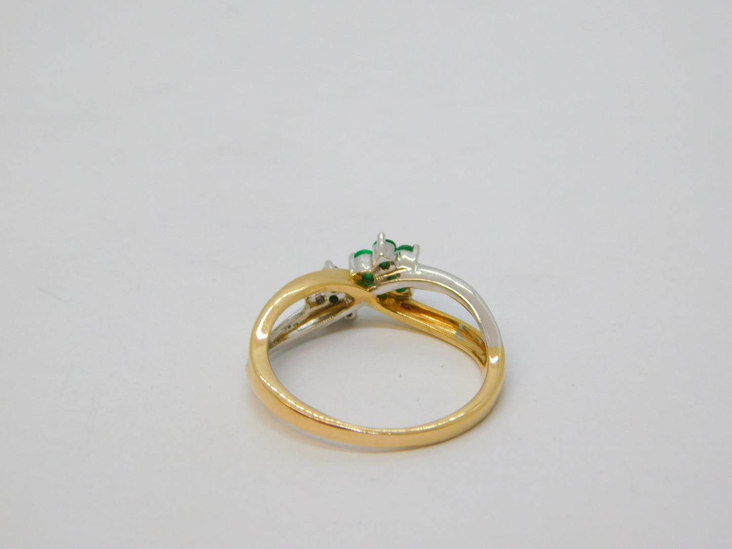 14ct Two-Tone Gold, Emerald & Diamond Floral Crossover Ring Vintage c1990