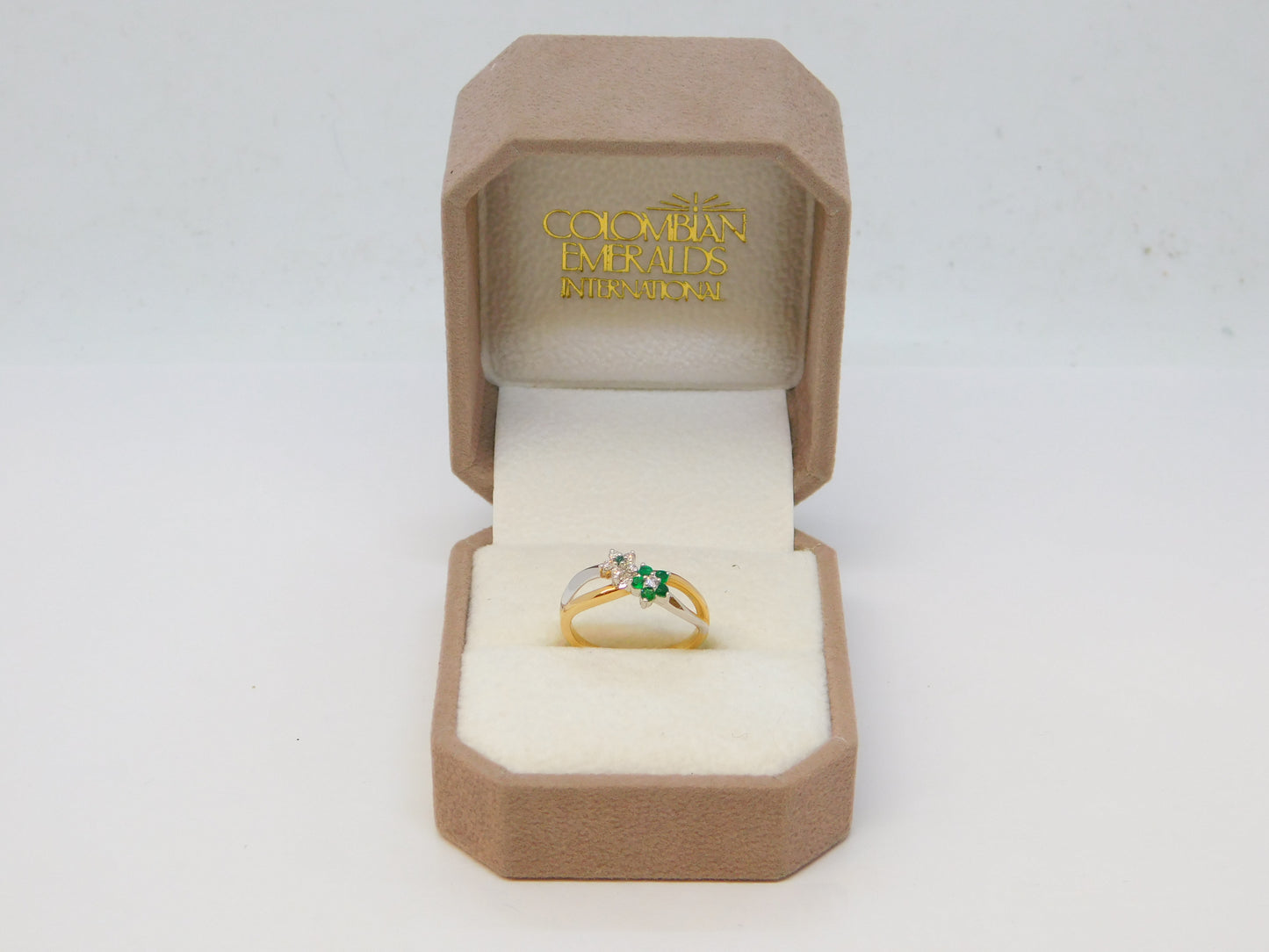 14ct Two-Tone Gold, Emerald & Diamond Floral Crossover Ring Vintage c1990