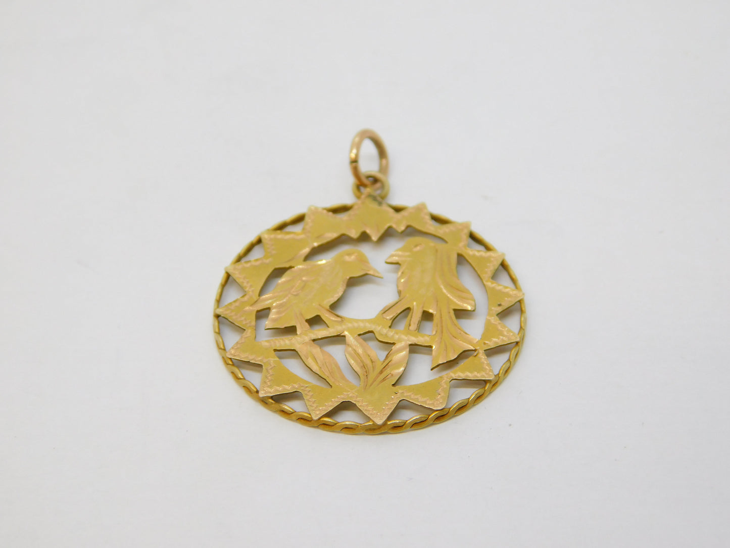 14ct Yellow Gold Love Birds on Perch Drop Pendant Antique c1940 Art Deco