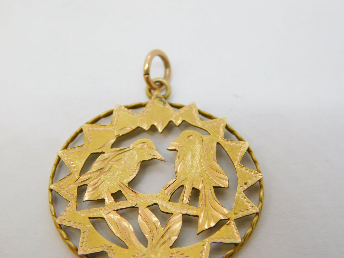 14ct Yellow Gold Love Birds on Perch Drop Pendant Antique c1940 Art Deco