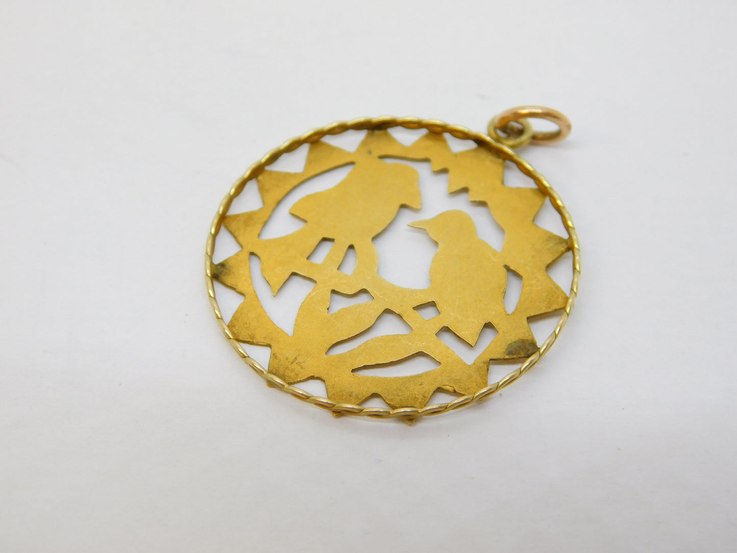 14ct Yellow Gold Love Birds on Perch Drop Pendant Antique c1940 Art Deco