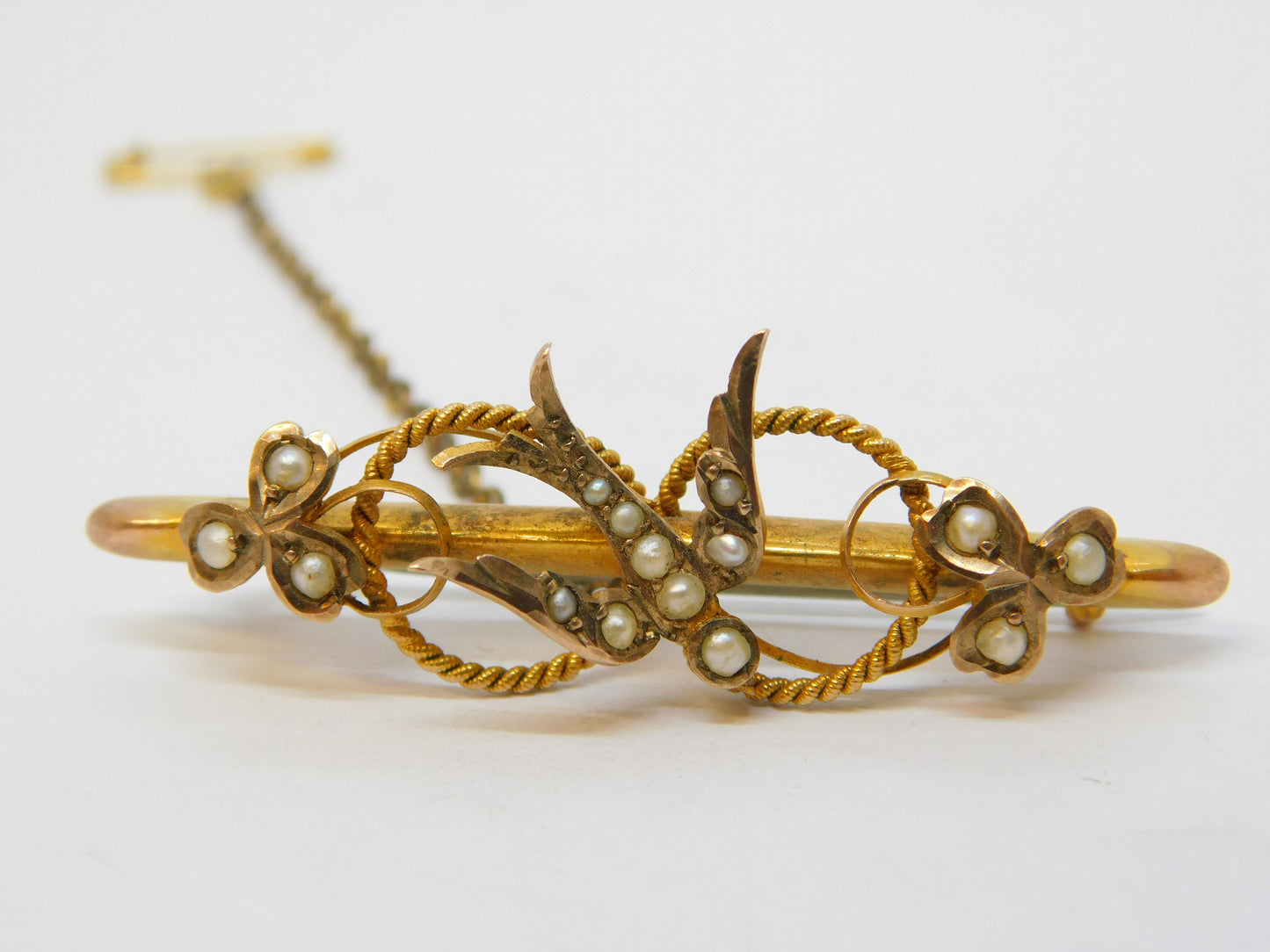 Edwardian 9ct Yellow Gold Seed Pearl Set Swallow Brooch Antique 1908 Chester
