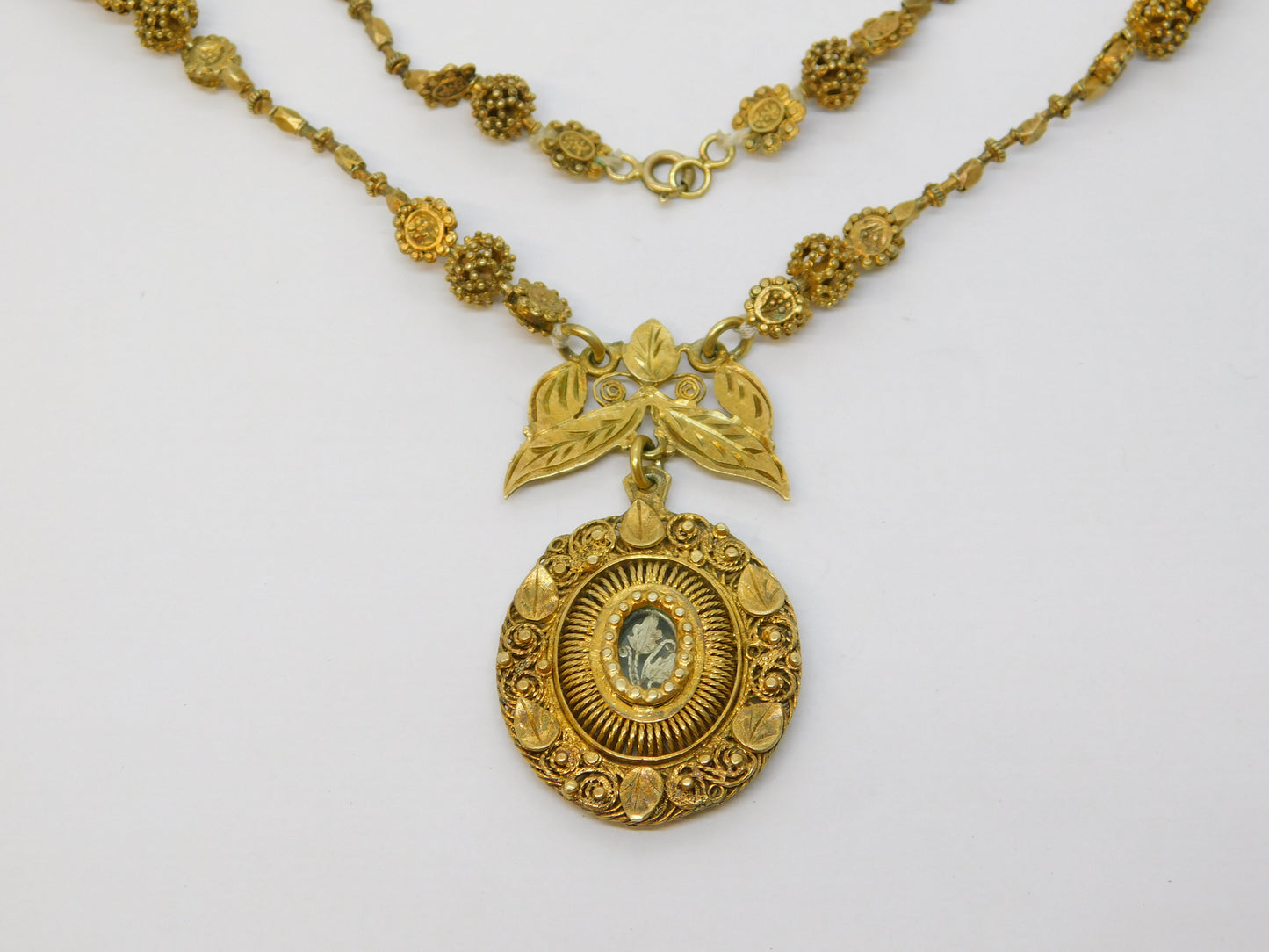 17th Century Spanish Colonial Silver Gilt Cannetille Reliquary Floral Necklace Antique