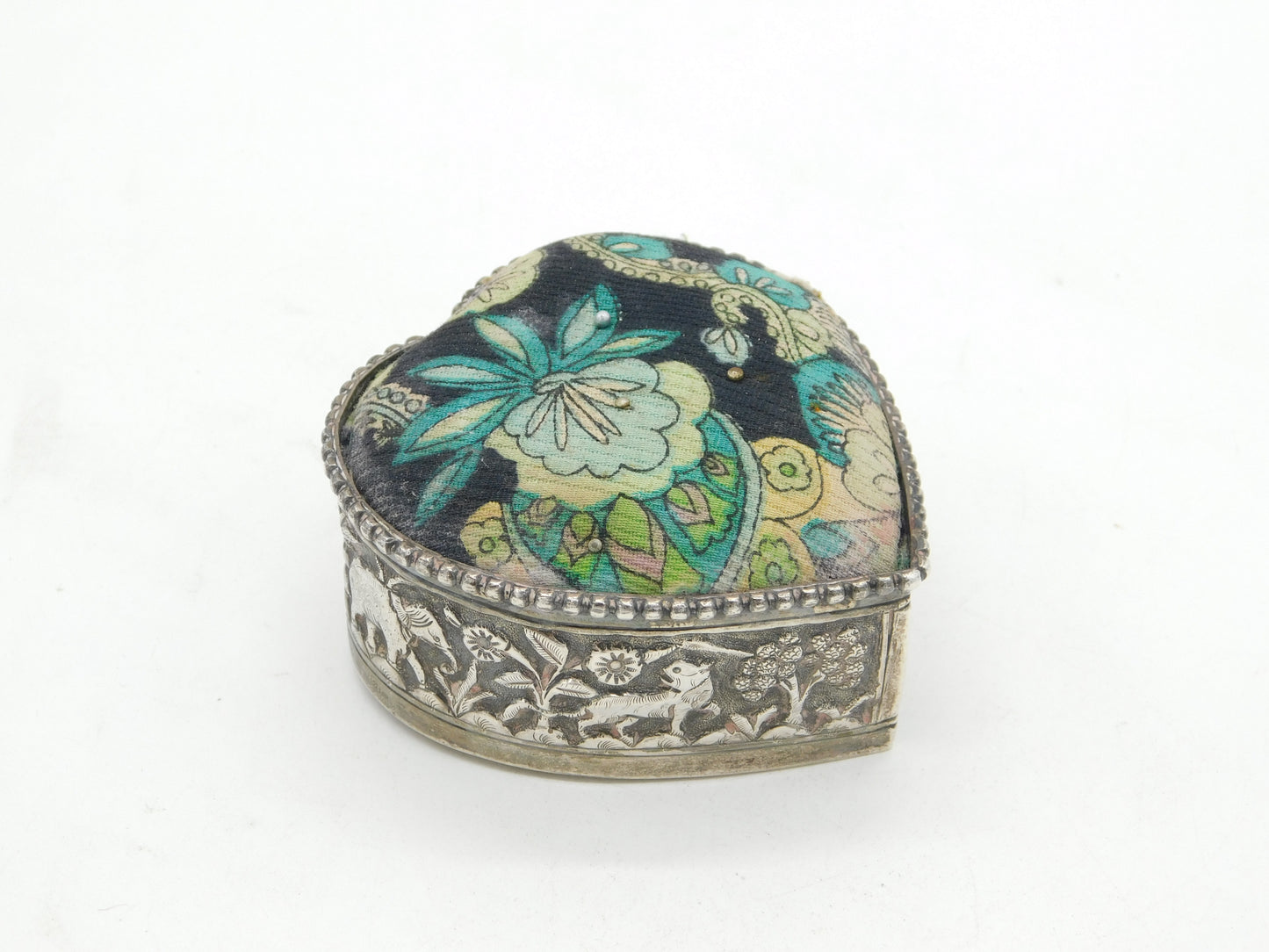 19th Century Indian Sterling Silver Lion & Elephant Pattern Pin Cushion Antique c1880