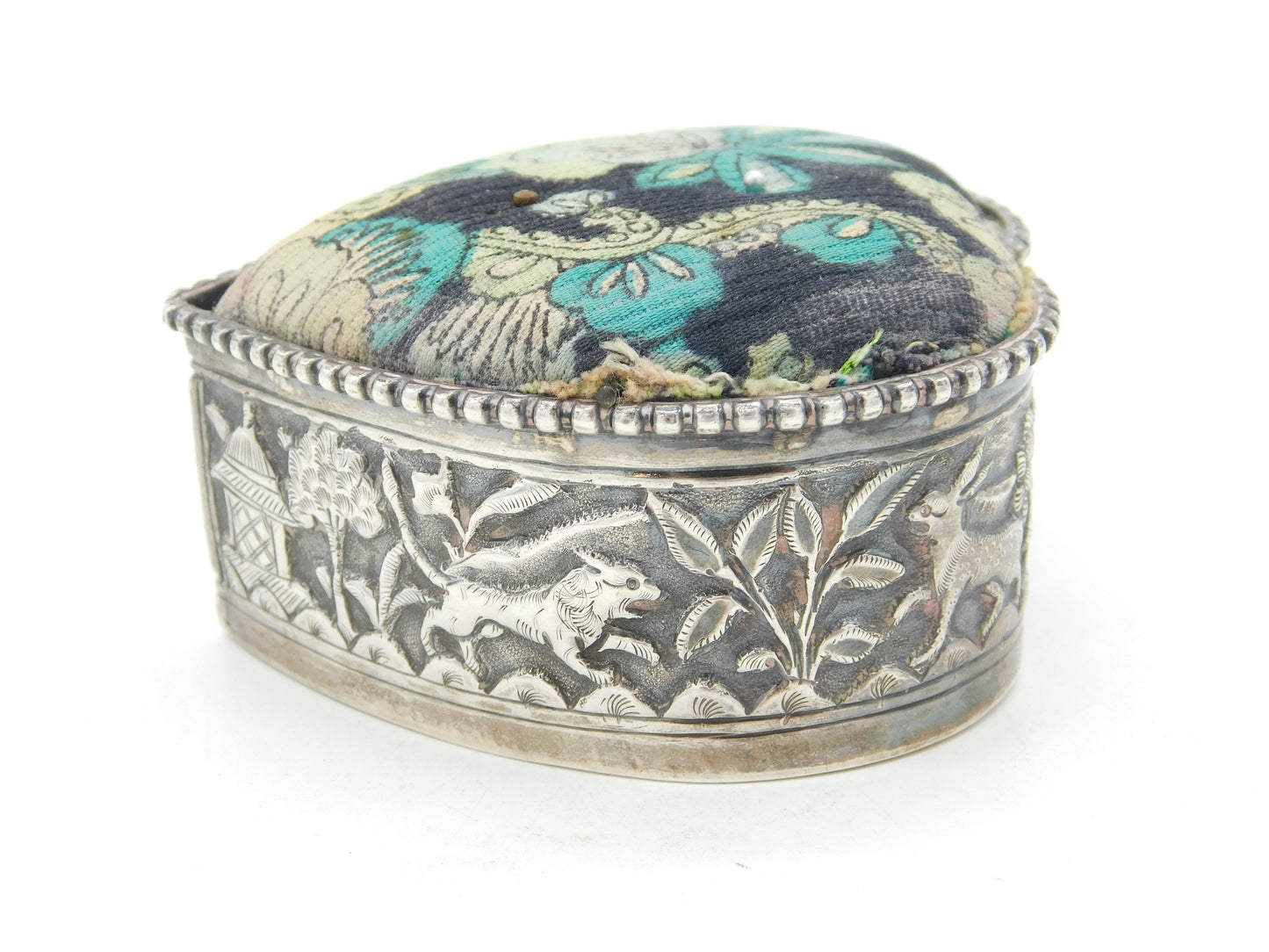 19th Century Indian Sterling Silver Lion & Elephant Pattern Pin Cushion Antique c1880