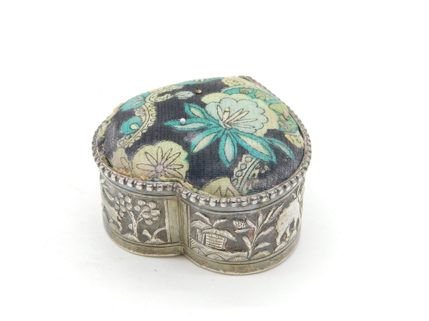 19th Century Indian Sterling Silver Lion & Elephant Pattern Pin Cushion Antique c1880