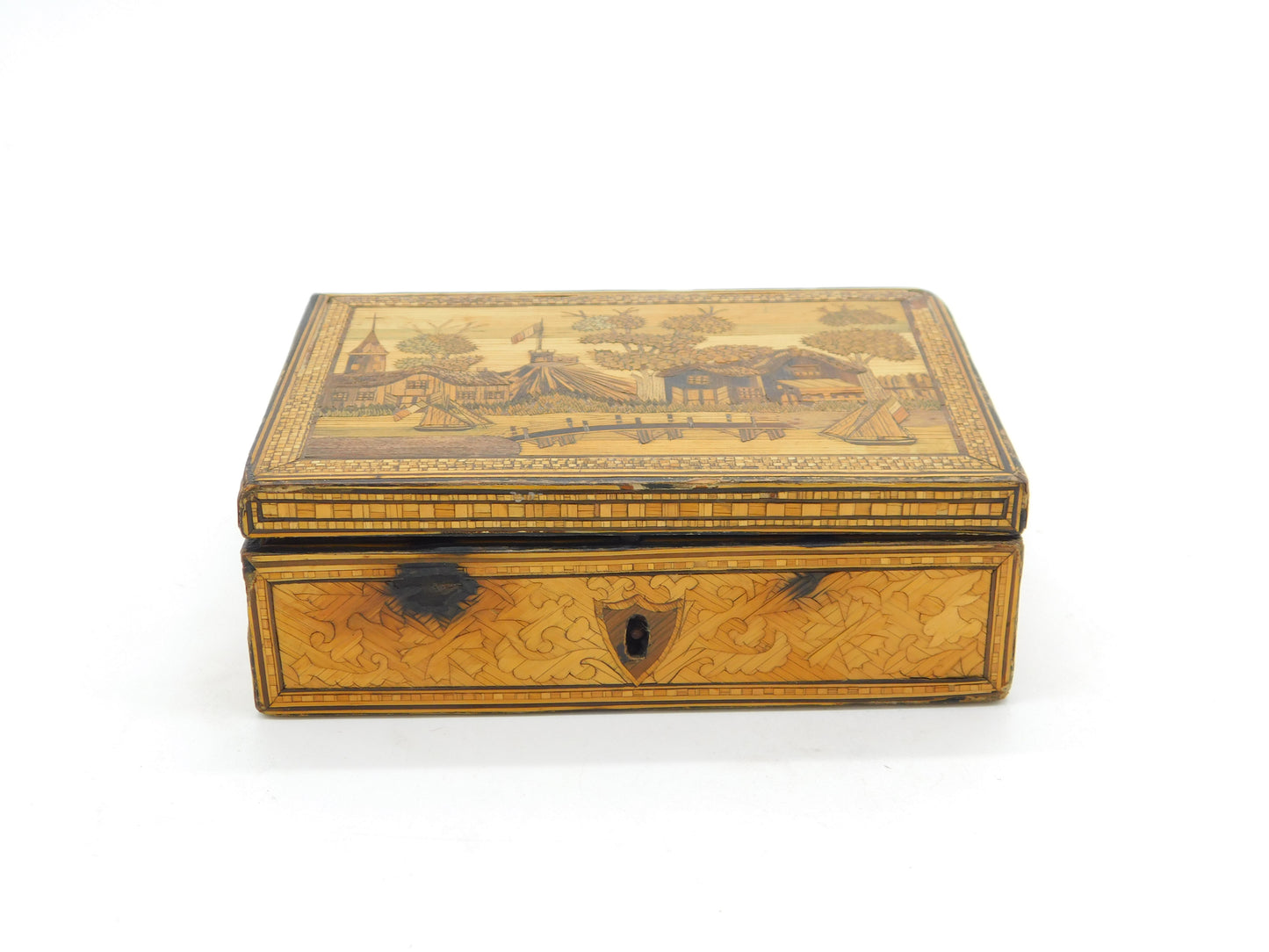 Georgian Napoleonic Prisoner of War Straw Work Trinket Box Antique c1815
