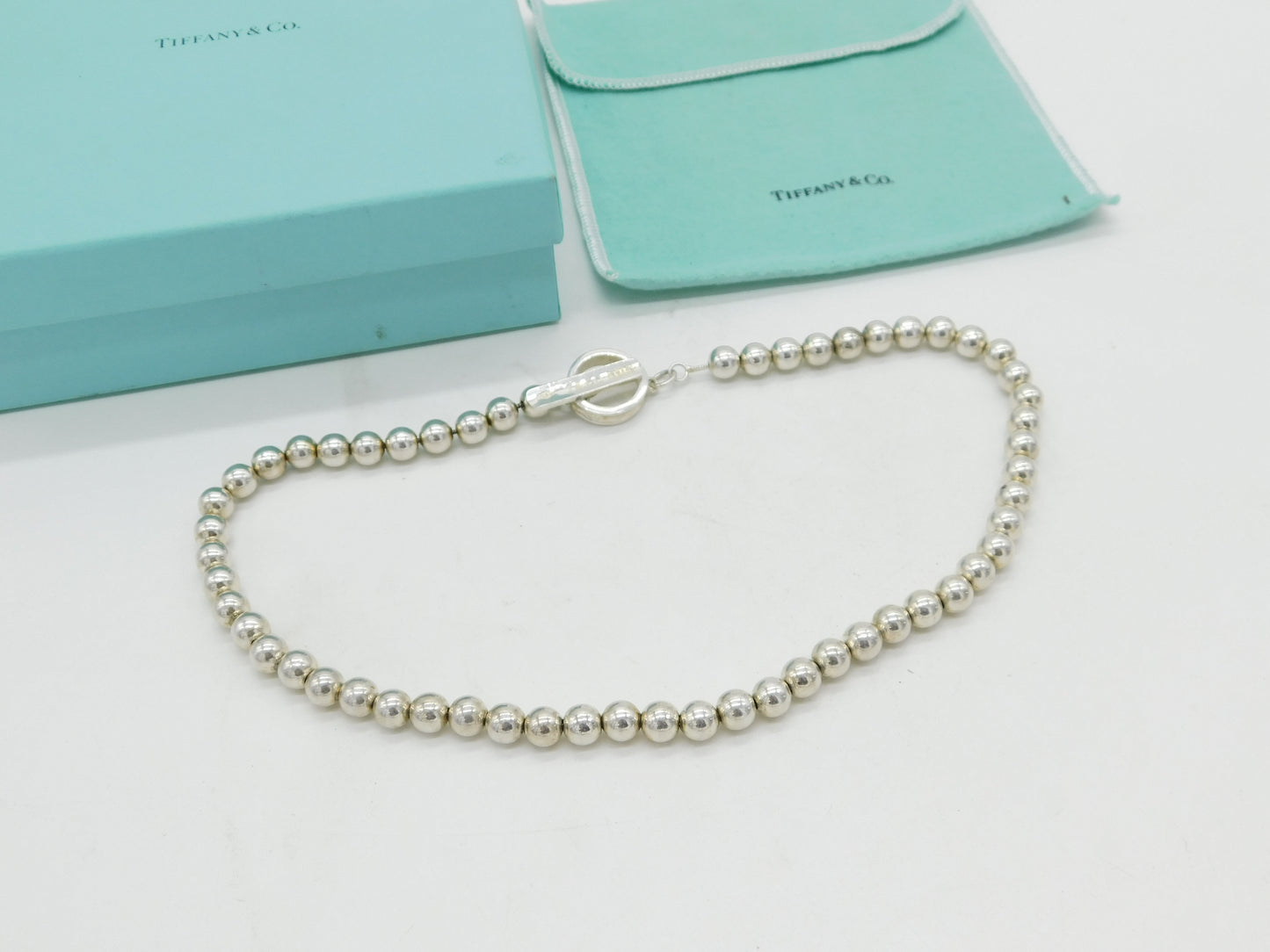 Boxed Tiffany & Co. Sterling Silver Beaded Pattern Necklace Vintage c2000