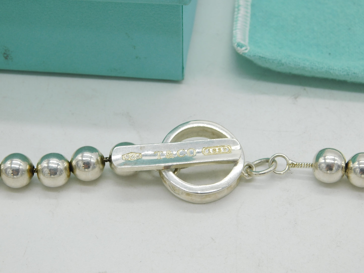 Boxed Tiffany & Co. Sterling Silver Beaded Pattern Necklace Vintage c2000