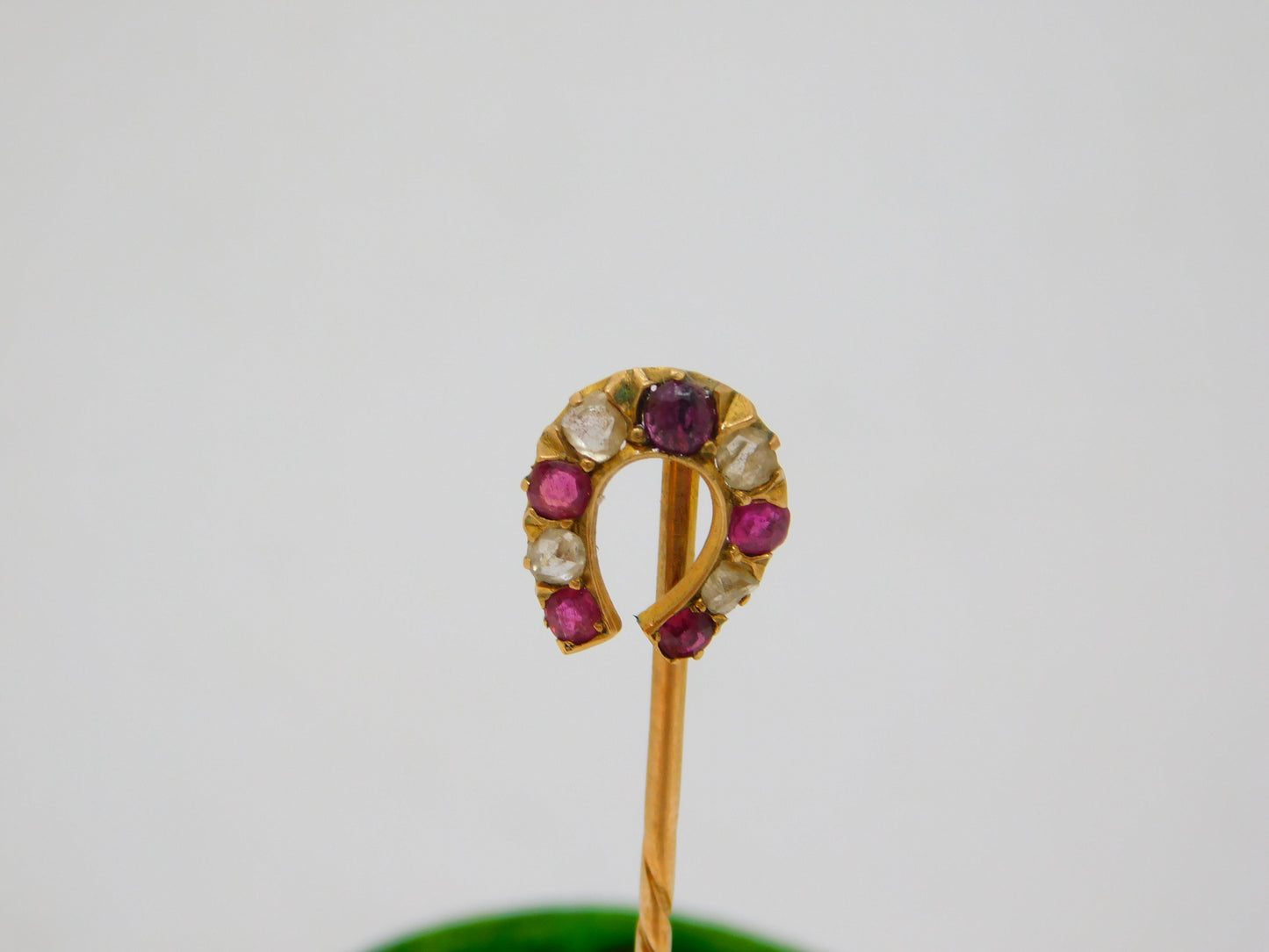 Victorian 15ct Gold, Ruby & Diamond Horseshoe Stick Pin Antique c1890