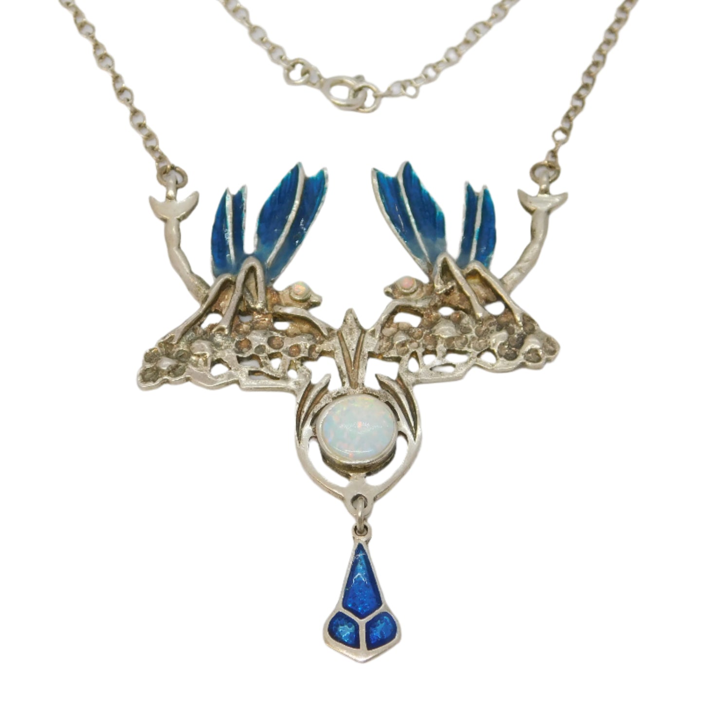 Sterling Silver, Guilloche Enamel & Opal Dragonfly Drop Pendant Necklace Vintage c1970