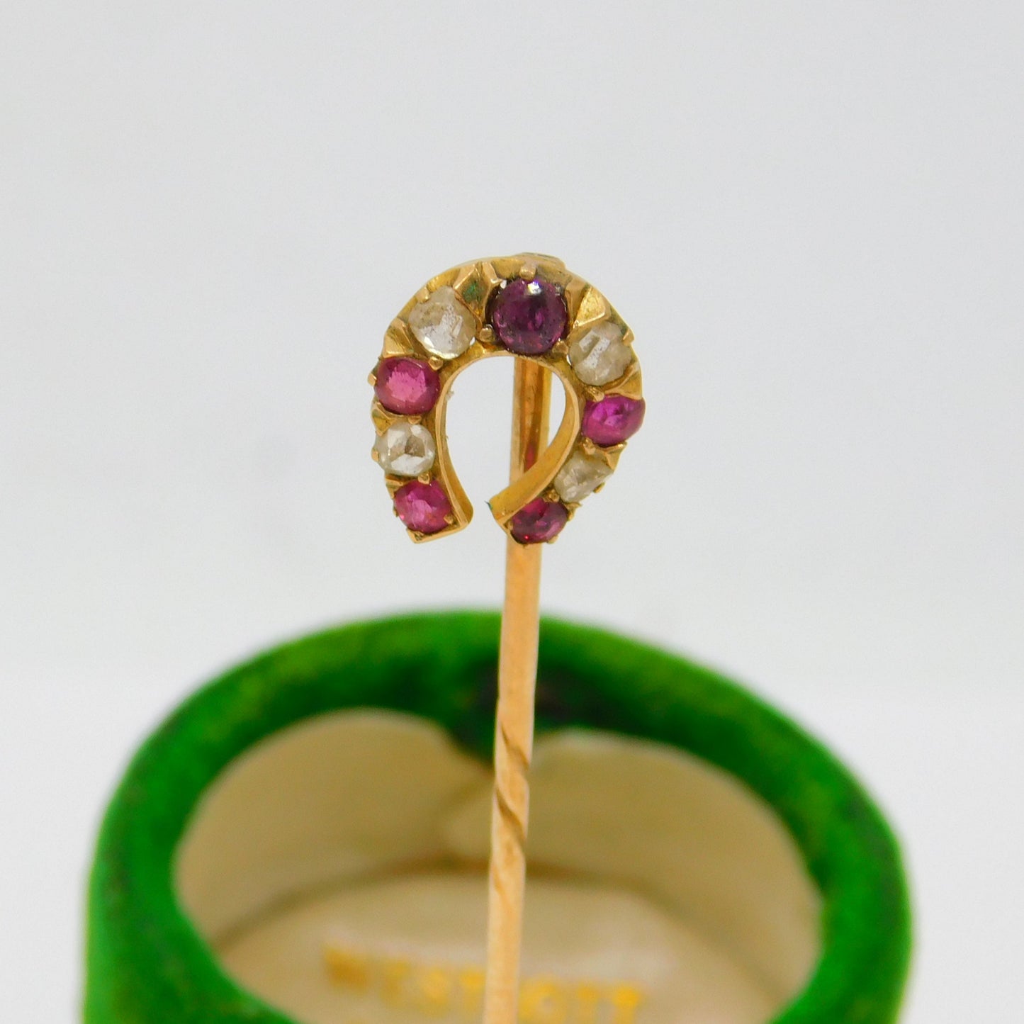 Victorian 15ct Gold, Ruby & Diamond Horseshoe Stick Pin Antique c1890