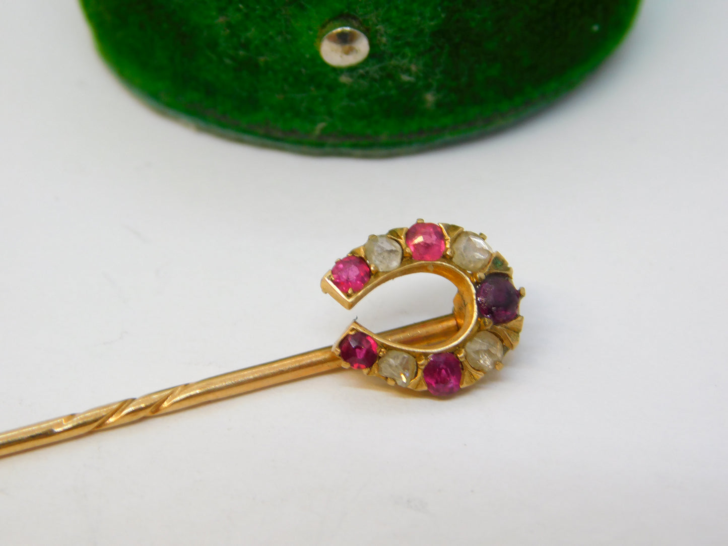 Victorian 15ct Gold, Ruby & Diamond Horseshoe Stick Pin Antique c1890