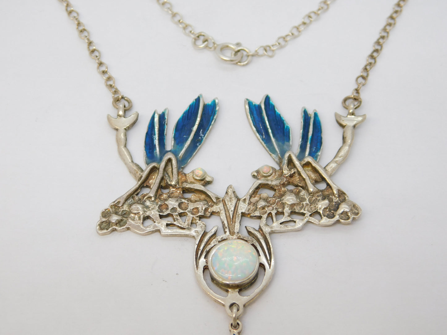Sterling Silver, Guilloche Enamel & Opal Dragonfly Drop Pendant Necklace Vintage c1970