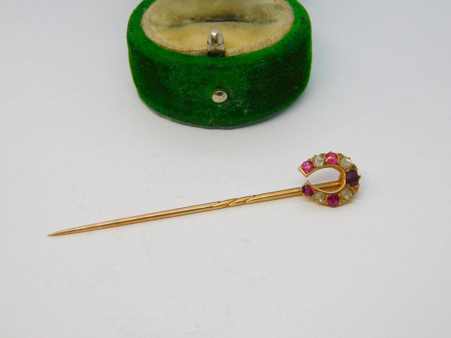 Victorian 15ct Gold, Ruby & Diamond Horseshoe Stick Pin Antique c1890
