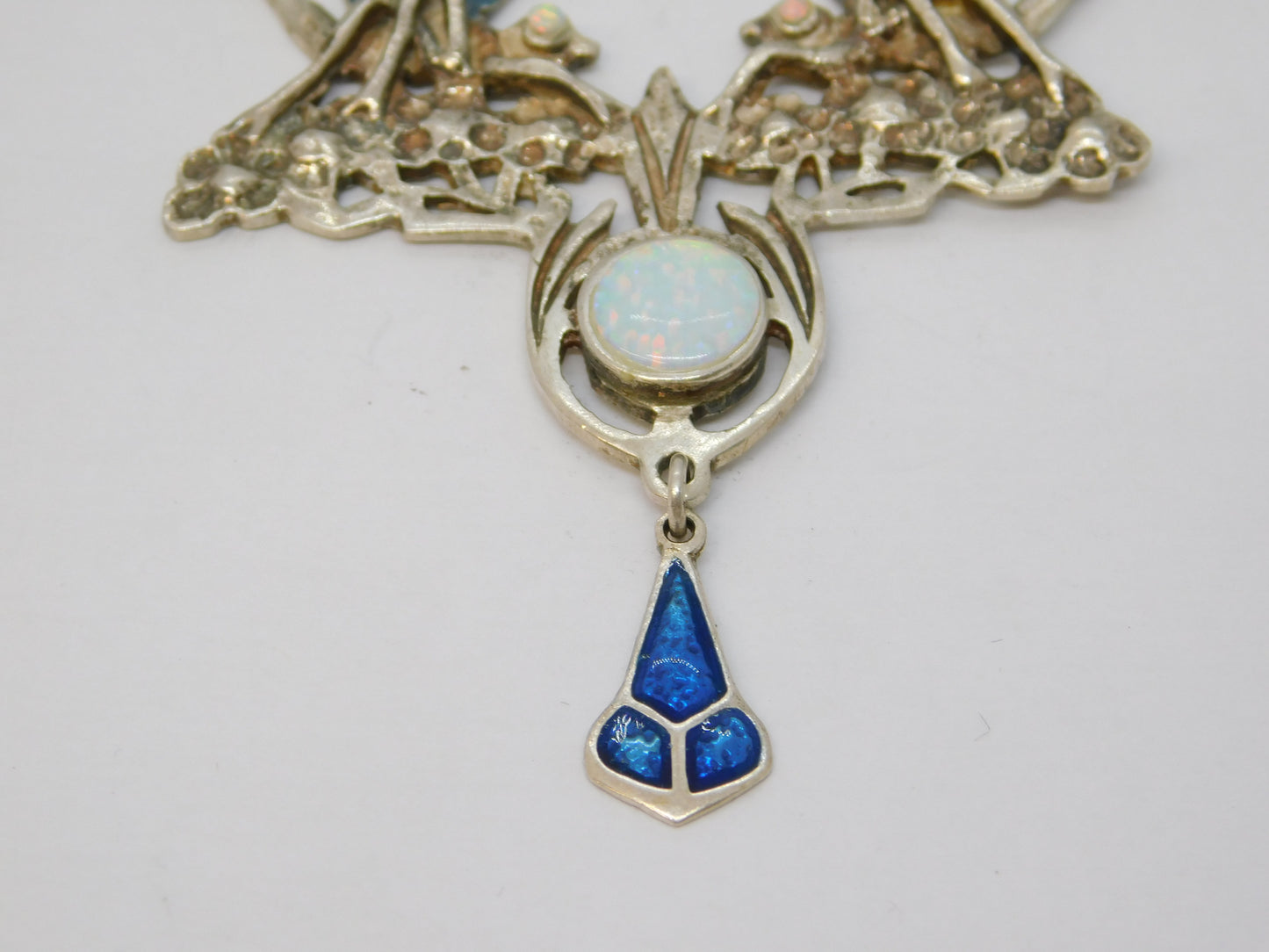 Sterling Silver, Guilloche Enamel & Opal Dragonfly Drop Pendant Necklace Vintage c1970