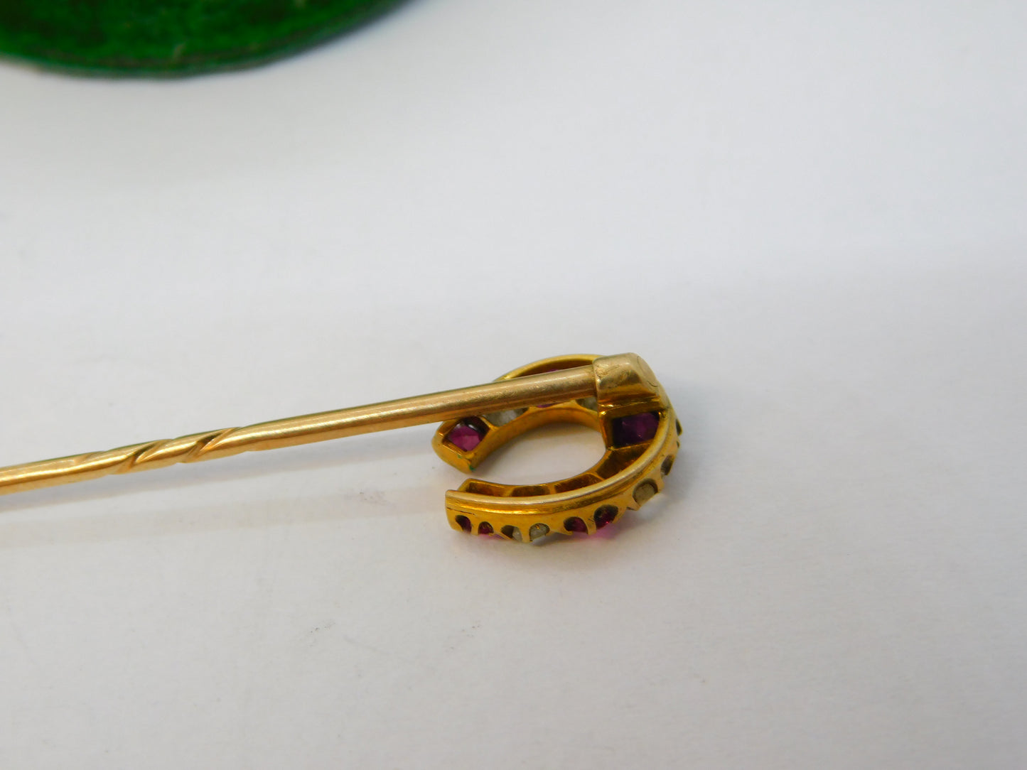 Victorian 15ct Gold, Ruby & Diamond Horseshoe Stick Pin Antique c1890
