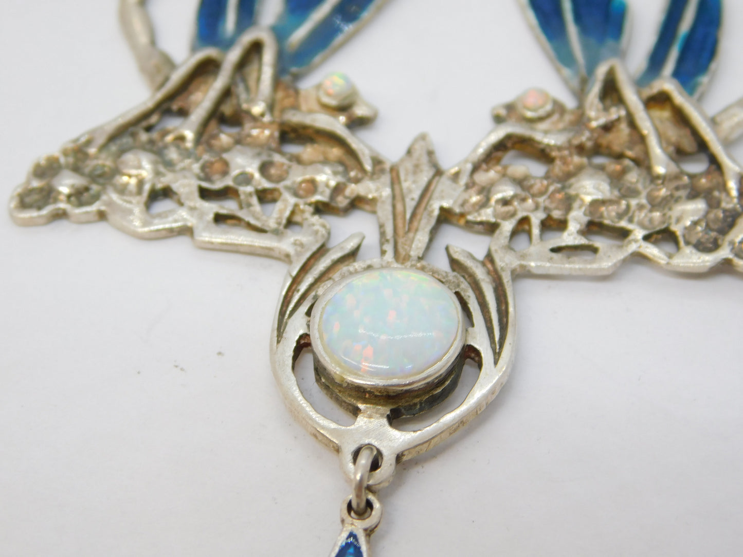 Sterling Silver, Guilloche Enamel & Opal Dragonfly Drop Pendant Necklace Vintage c1970