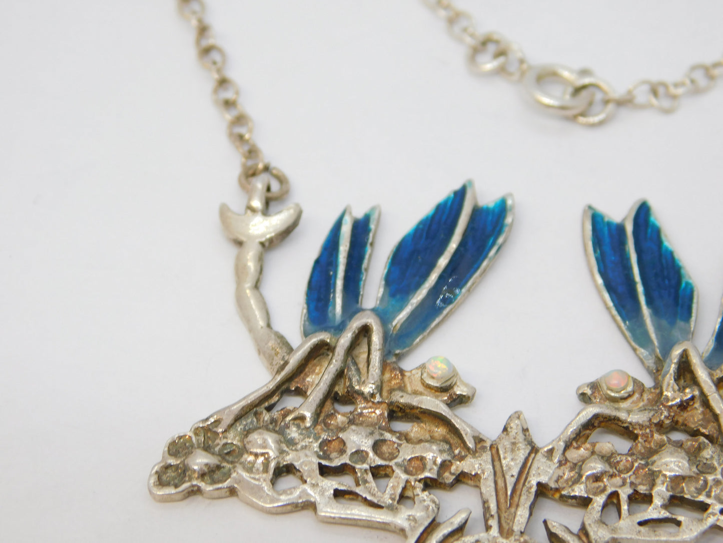 Sterling Silver, Guilloche Enamel & Opal Dragonfly Drop Pendant Necklace Vintage c1970