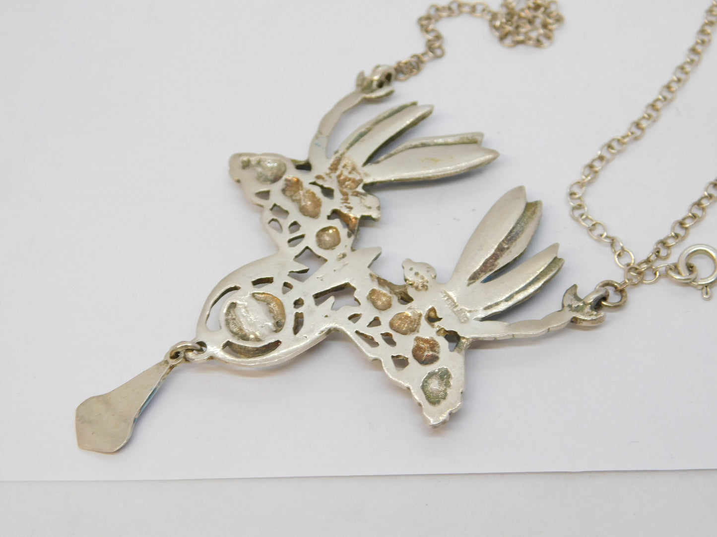 Sterling Silver, Guilloche Enamel & Opal Dragonfly Drop Pendant Necklace Vintage c1970