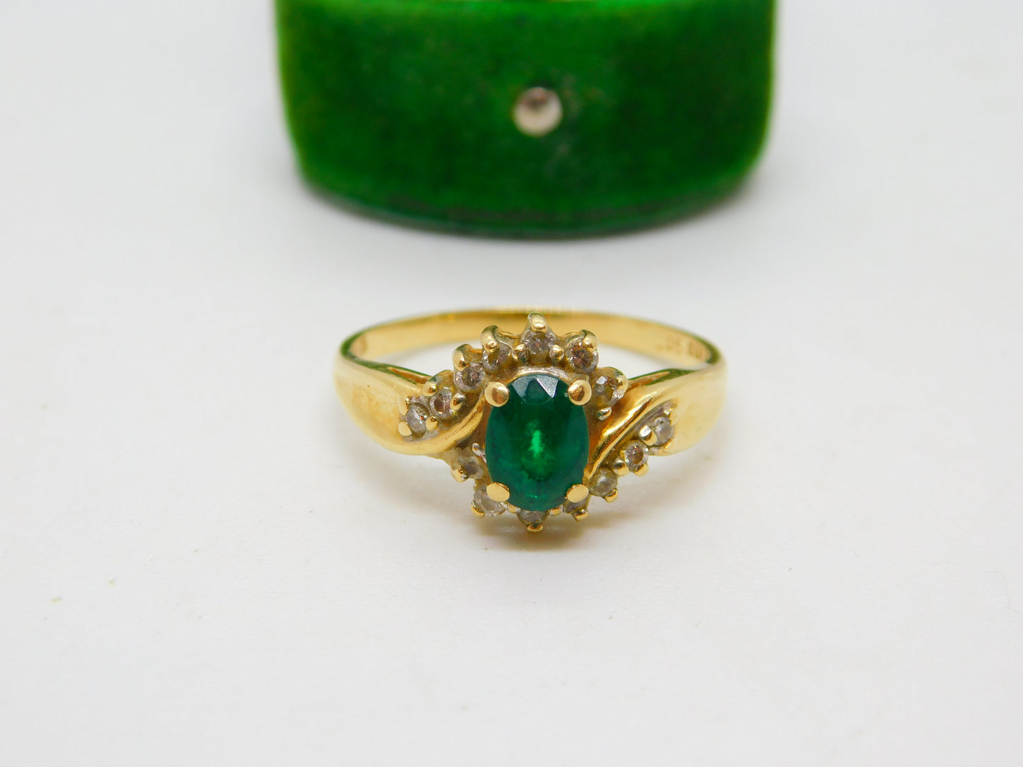 18ct Yellow Gold, Emerald & 0.25ct Diamond Crossover Ring Vintage c1980