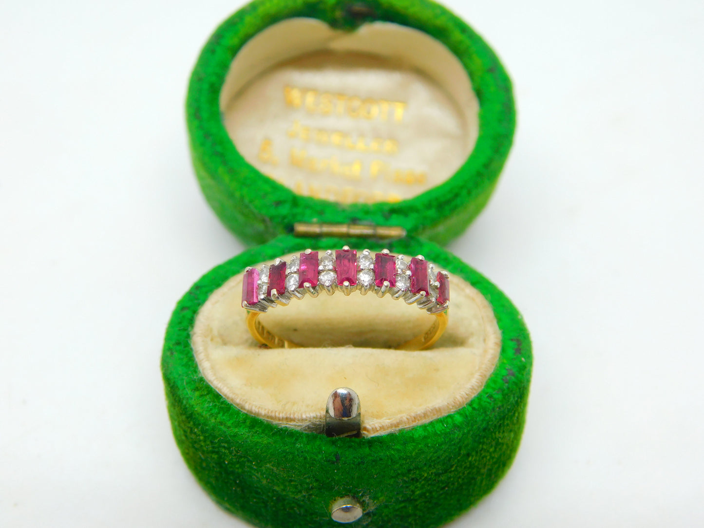 18ct Yellow Gold, Baguette Cut Ruby & Diamond Half Eternity Ring Vintage 1970