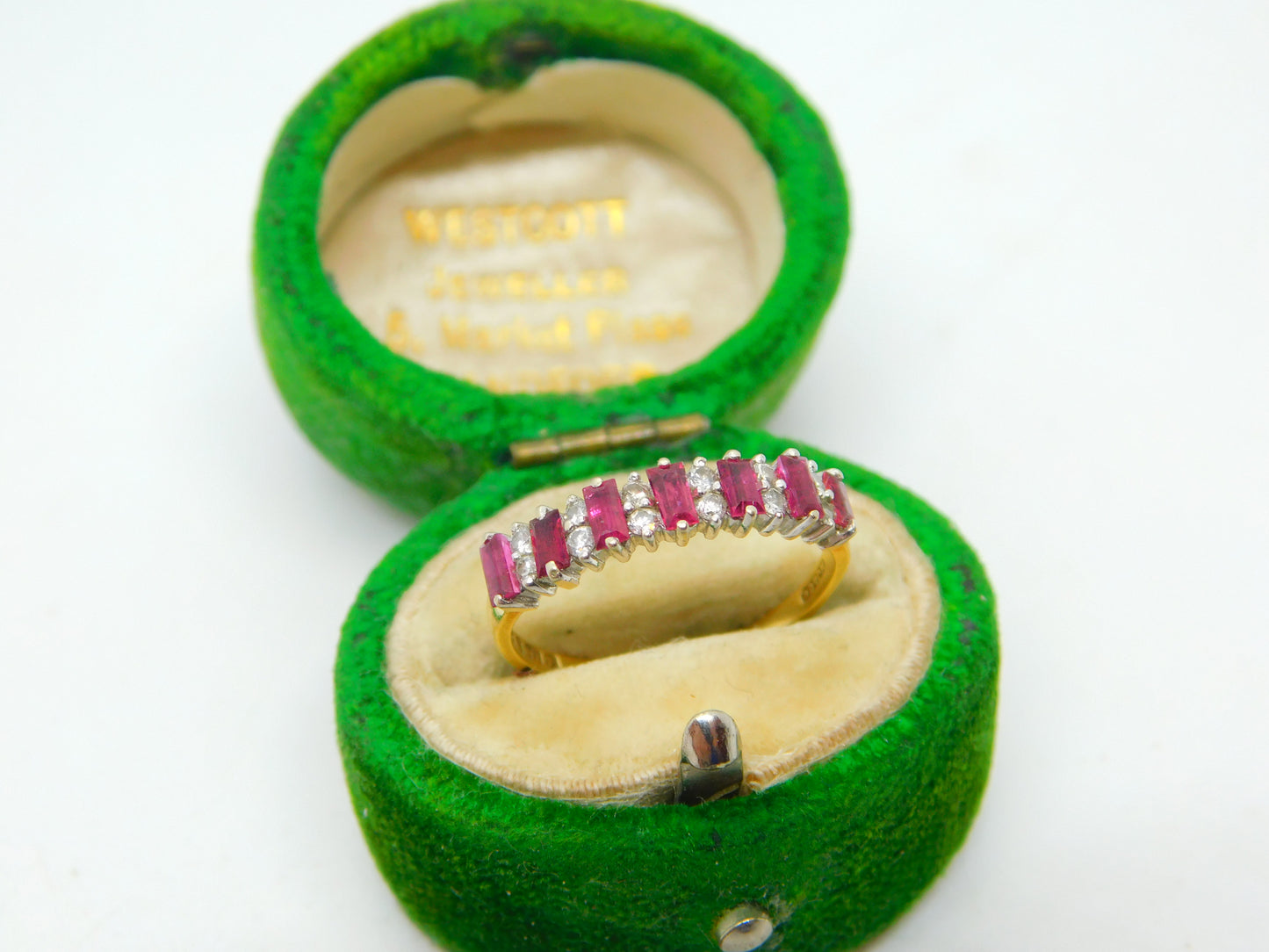 18ct Yellow Gold, Baguette Cut Ruby & Diamond Half Eternity Ring Vintage 1970