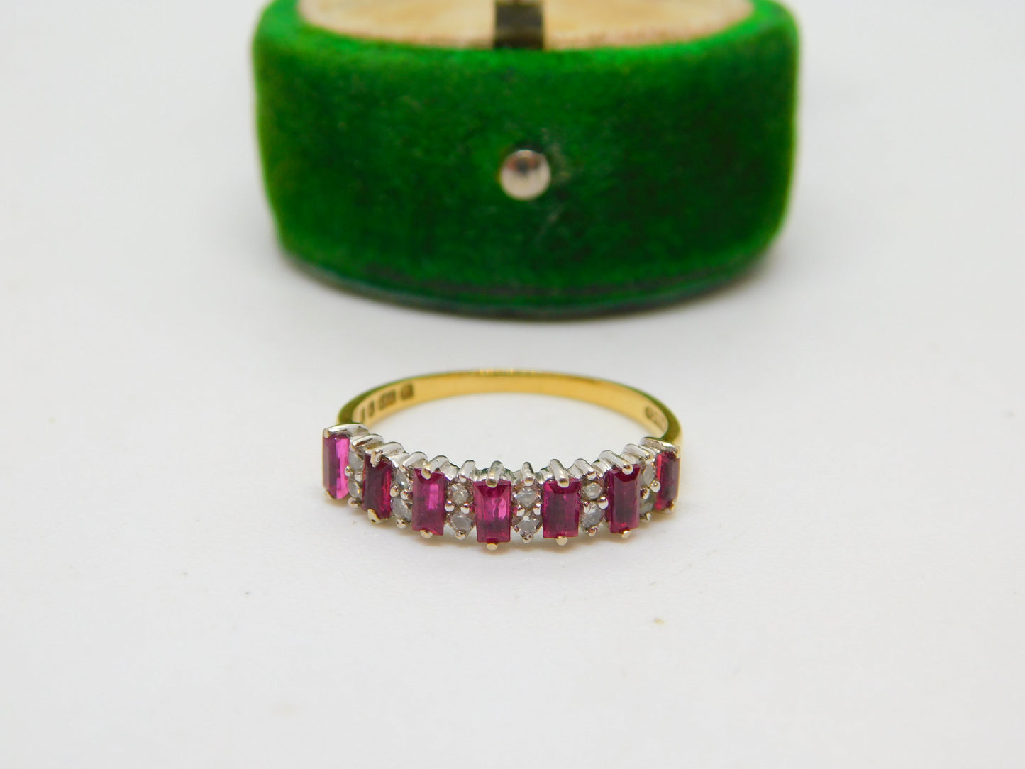 18ct Yellow Gold, Baguette Cut Ruby & Diamond Half Eternity Ring Vintage 1970
