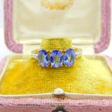 9ct Gold, Iolite & Diamond Three Stone Band Ring Vintage 2012 Birmingham