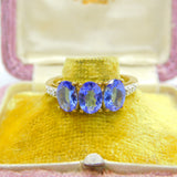 9ct Gold, Iolite & Diamond Three Stone Band Ring Vintage 2012 Birmingham