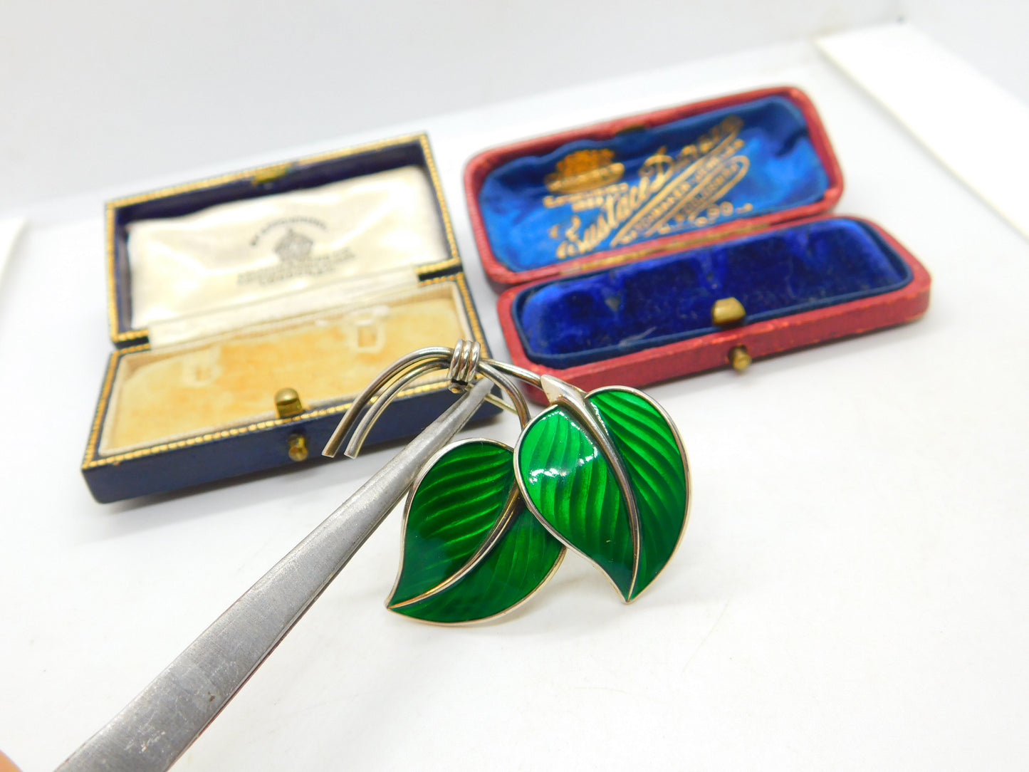 Hans Myhre Norway Sterling Silver Green Enamel Leaf Brooch Antique c1930 Deco