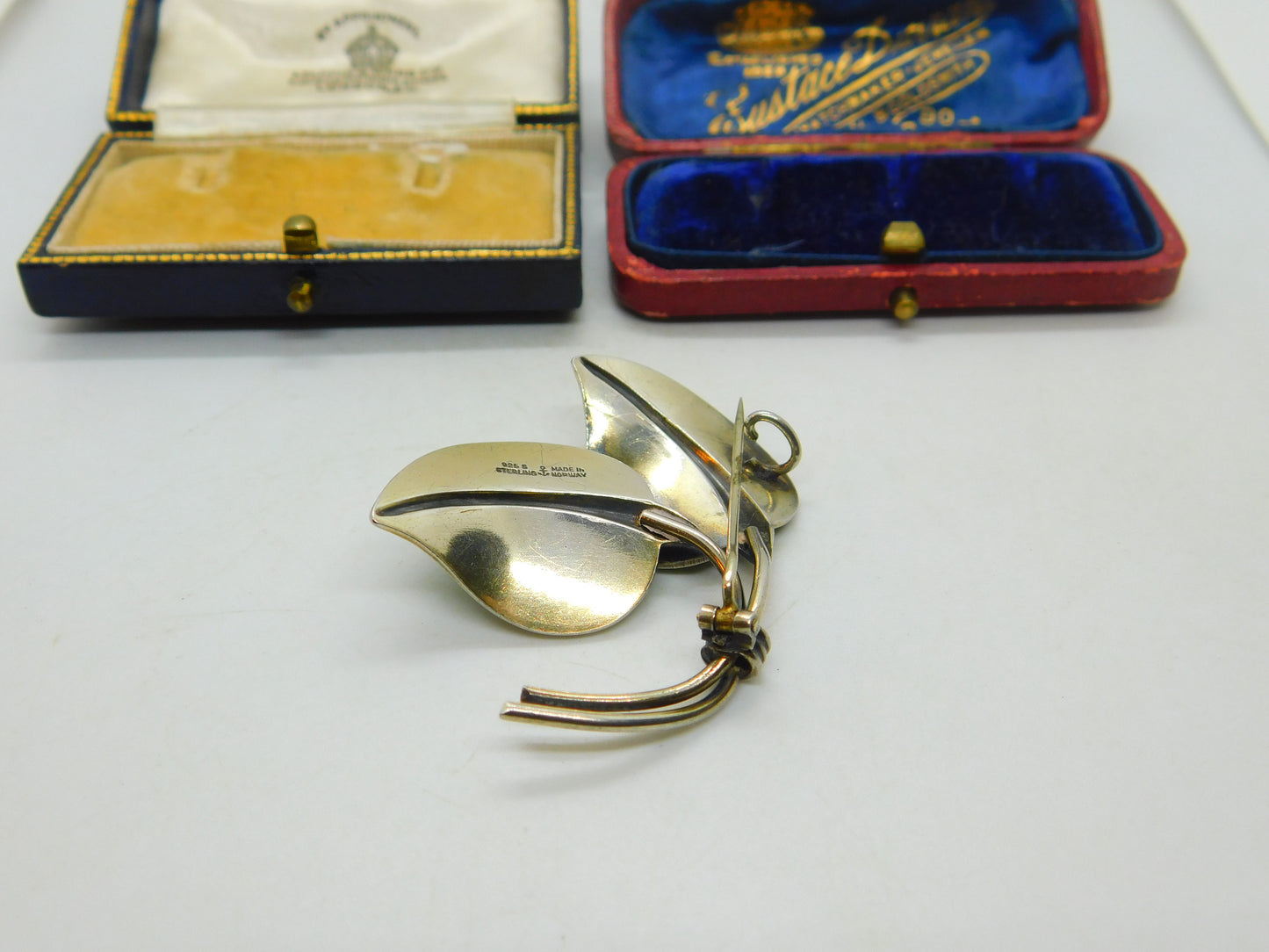 Hans Myhre Norway Sterling Silver Green Enamel Leaf Brooch Antique c1930 Deco